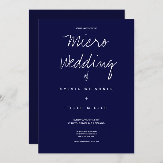 Carte Micro Mariage Bleu foncé Typographie Minimale (Devant / Derrière)