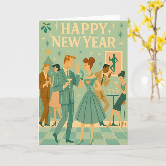 Carte Mid Century Happy New Year The Martini Dance (Fleur jaune)