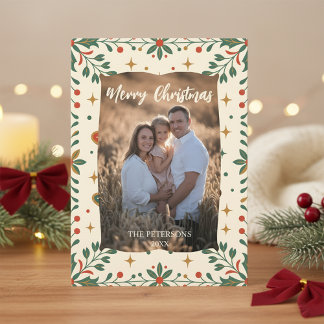 Carte Mid-Century Modern Holly Photo Family Holiday