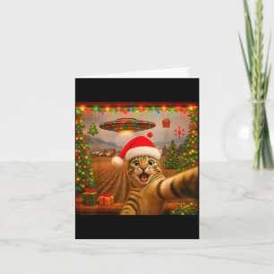 Carte Mignon Chat Selfie Avec Alien Ufo Lumières De Noël