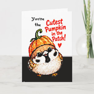 Carte Mignon Chibi Moineau Oiseau Halloween Citrouille