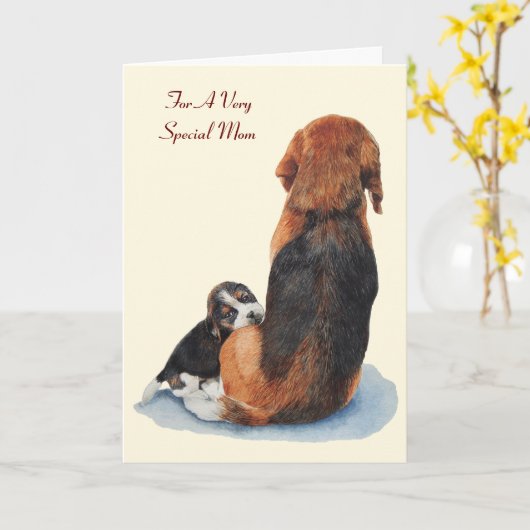Carte mignon chiot chien beagle avec maman chien avec ve (Fleur jaune)