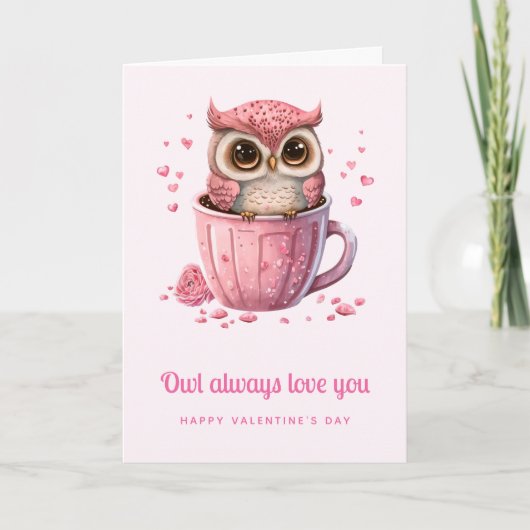 Carte Mignon Hibou Rose dans une Tasse Saint-Valentin (Devant)