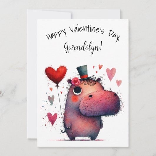 Carte Mignon Hippopotame Fantaisiste Saint-Valentin Plat (Devant)