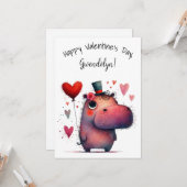 Carte Mignon Hippopotame Fantaisiste Saint-Valentin Plat (Devant/Arrière en situation)
