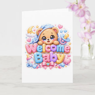 Carte Mignon Kawaii Bienvenue Bébé Ours en Peluche Rose