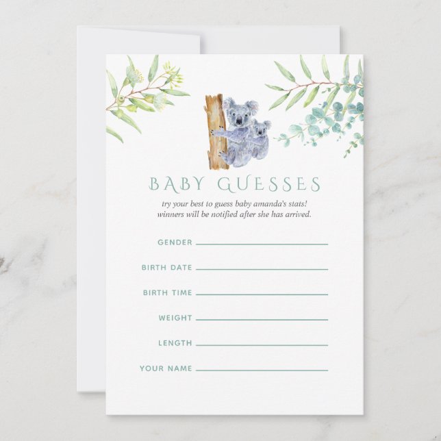 Carte Mignon Koala Feuilles d'Eucalyptus Bébé Devine (Devant)