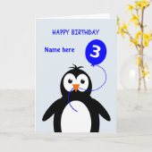 Carte mignon pingouin 3ème anniversaire ajouter nom bleu (Fleur jaune)