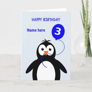 Carte mignon pingouin 3ème anniversaire ajouter nom bleu
