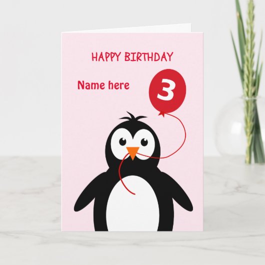 Carte mignon pingouin 3ème anniversaire ajouter nom rose (Devant)