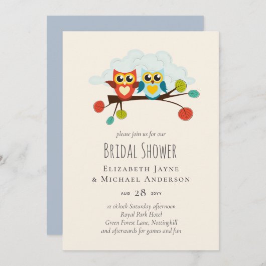 Carte Mignonette OWLS Mariage à thème Bleu orange (Devant / Derrière)