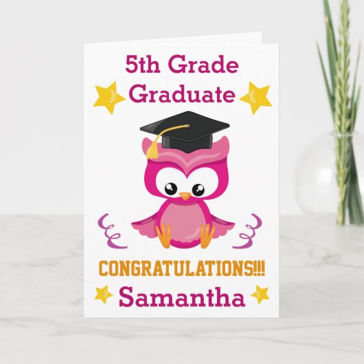 Carte Mignonne 5e année de diplôme Chouette rose Félicat (Devant)