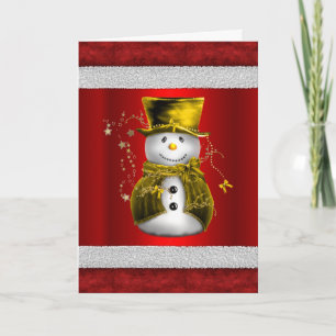 Carte Mignonne bonhomme de neige en or à Noël rouge
