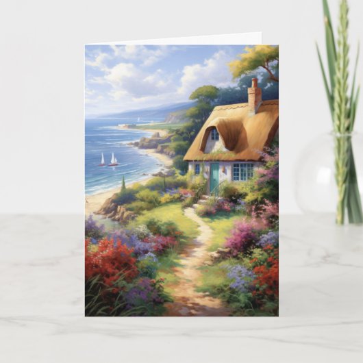 Carte Mignonne chalet à la mer Fleurs Bonjour plié (Devant)