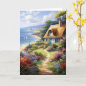 Carte Mignonne chalet à la mer Fleurs Bonjour plié (Fleur jaune)