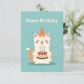 Carte Mignonne chat portant un gâteau d'anniversaire (Debout devant)