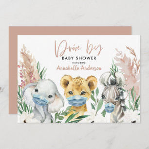 Carte Mignonne conduite de masque de covid animal par bé