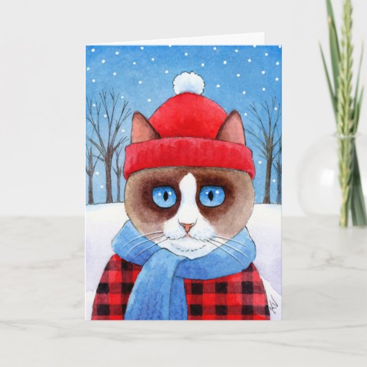 Carte mignonne d'hiver de Noël de chat de bûcheron (Devant)
