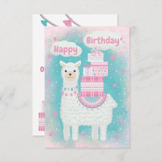 Carte Mignonne lama rose et turquoise avec cadeaux (Devant / Derrière)