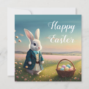 Carte Mignonne lapin de Pâques en petite veste bleue