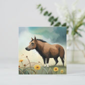 Carte Mignonne poney brun dans le champ floral (Debout devant)
