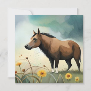 Carte Mignonne poney brun dans le champ floral