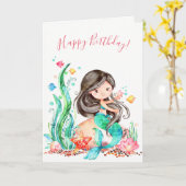 Carte Mignonne sirène d'aquarelle sous la mer Anniversai (Fleur jaune)