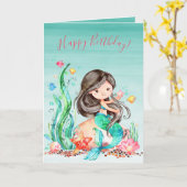 Carte Mignonne sirène d'aquarelle sous la mer Anniversai (Fleur jaune)
