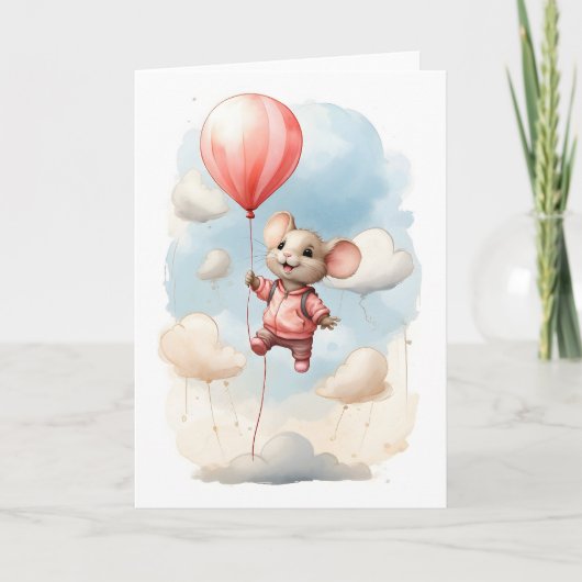Carte Mignonne souris à l'aquarelle flottant dans l'air (Devant)