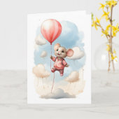 Carte Mignonne souris à l'aquarelle flottant dans l'air (Fleur jaune)