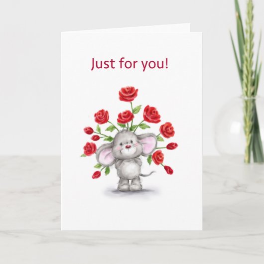 Carte Mignonne souris aux roses rouges, juste pour vous (Devant)