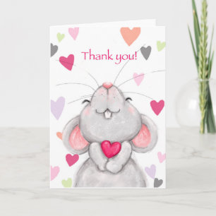 Carte Mignonne souris avec coeur rose, Merci