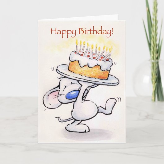 Carte Mignonne souris tenant un gros gâteau, Joyeux anni (Devant)
