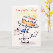 Carte Mignonne souris tenant un gros gâteau, Joyeux anni (Fleur jaune)