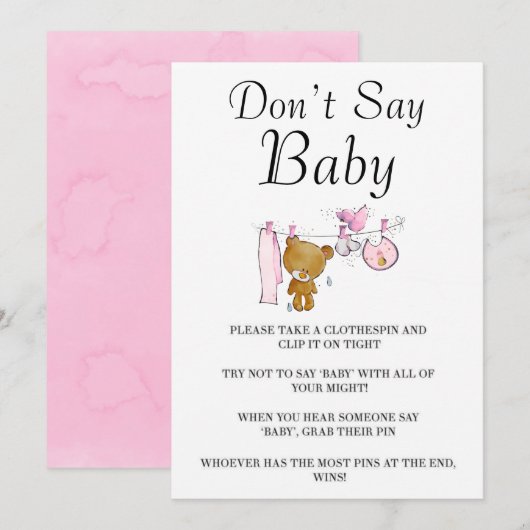 Carte Mignonne Teddy Bear Clothes Line Ne pas dire Baby (Devant / Derrière)