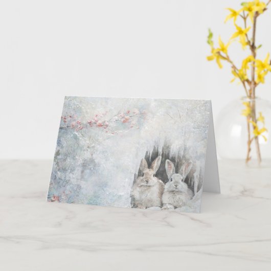 Carte Mignons Animaux De Bois Lapins En Salutation De Ne (Fleur jaune)