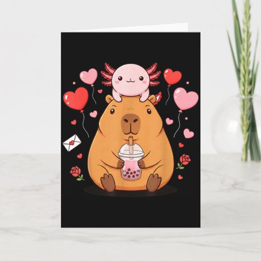 Carte Mignons Garçons Filles Axolotl Capybara Bubble Tea (Devant)