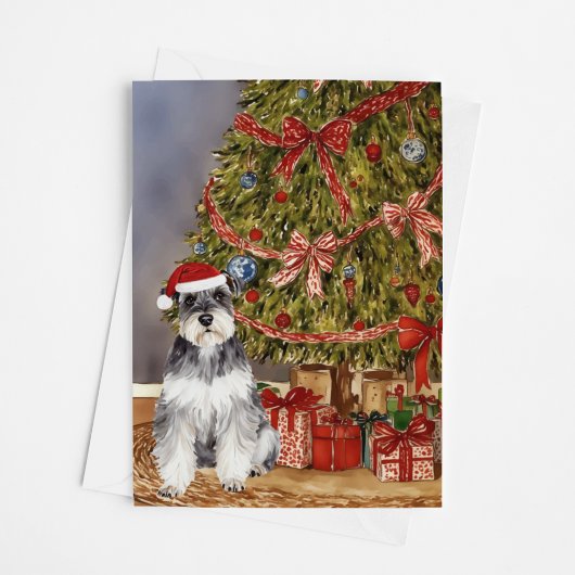 Carte Mini Schnauzer Aquarelle sous l'arbre de Noël