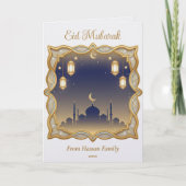 Carte Minimal Blue & Gold Mosque Skyline Eid Mubarak (Devant)