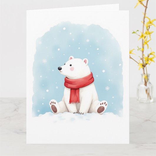 Carte Minimal Polar Bear Winter Watercolor Christmas Art (Fleur jaune)