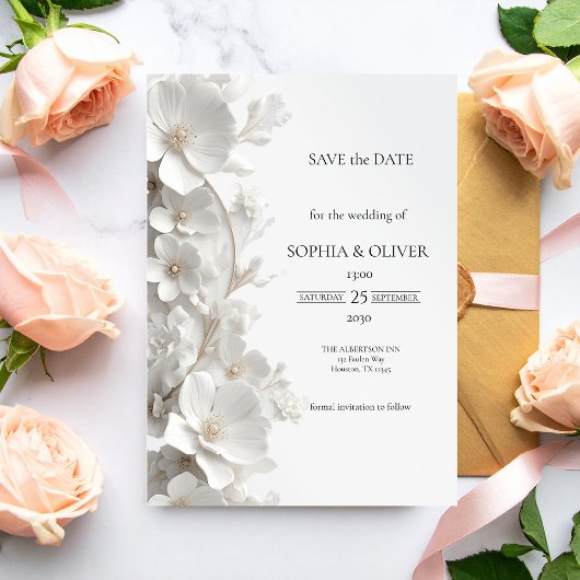 Carte Minimalist 3D White Floral Luxury Save the Date