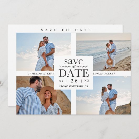 Carte Minimalist Modern Collage 4 Custom Photos Wedding (Devant / Derrière)