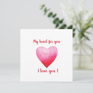 Carte Minimaliste Je vous aime coeur d'aquarelle rouge