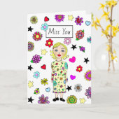 Carte Miss You, Amitié, Fille Whimsical aux fleurs (Fleur jaune)