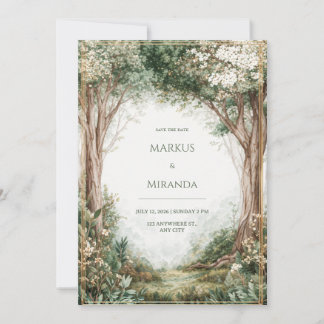 Carte Misty Enchanted Forest Gold Frame Wedding