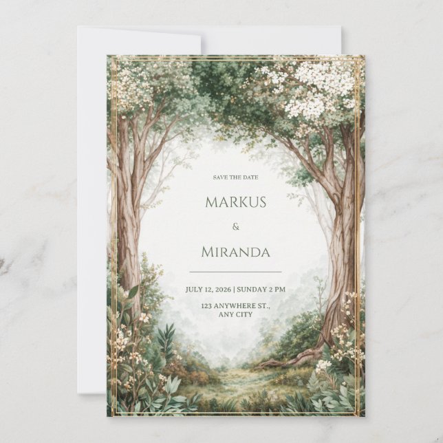 Carte Misty Enchanted Forest Gold Frame Wedding (Devant)