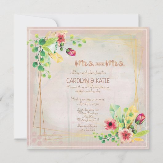 Carte Mme et Mme Spring Aquarelles Or Géométrique (Devant)