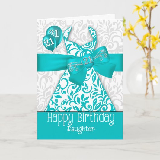 Carte Mode robe turquoise du 21e anniversaire de la fill (Fleur jaune)