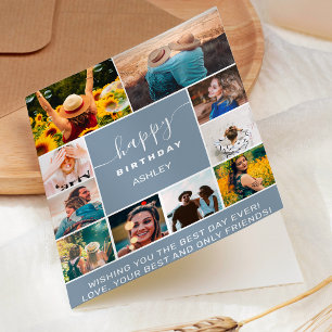 Carte Modern birthday dusty blue 10 photo collage grid