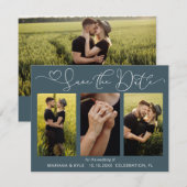 Carte Modern Blue 4 Photos Mariage Enregistrer la date (Devant / Derrière)